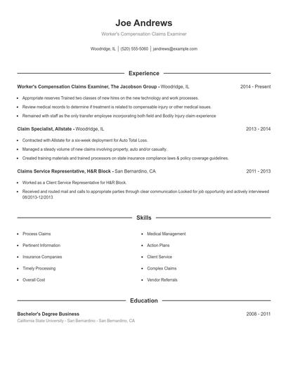 Worker's Compensation Claims Examiner Resume