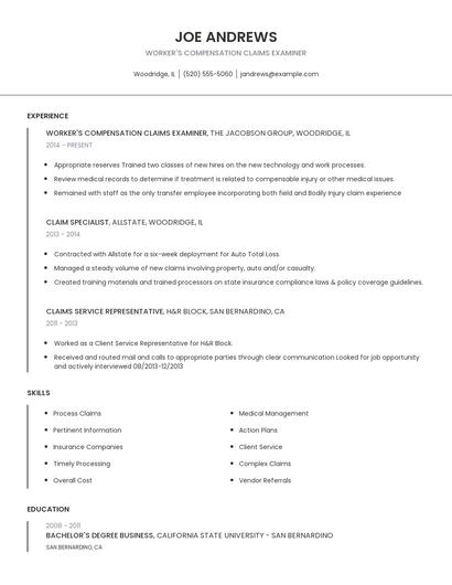 Worker's Compensation Claims Examiner Resume