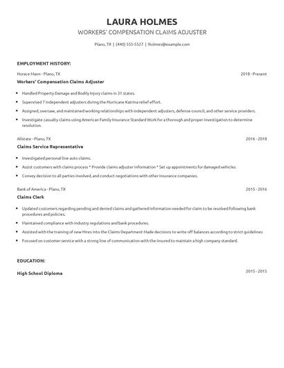 Workers' Compensation Claims Adjuster Resume