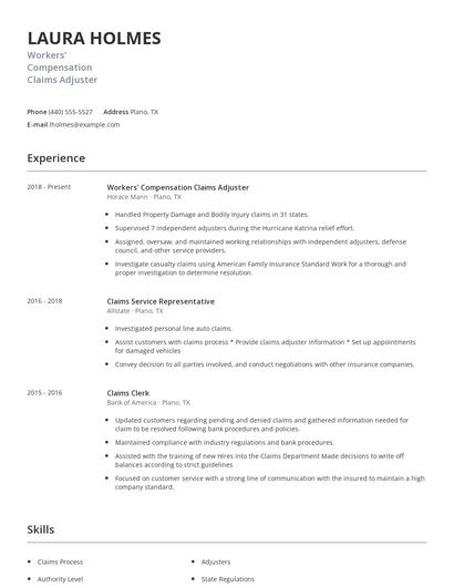 Workers' Compensation Claims Adjuster Resume