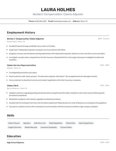 Workers' Compensation Claims Adjuster Resume