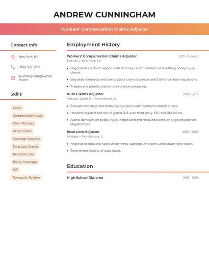 Workers' Compensation Claims Adjuster Resume