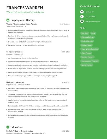 Workers' Compensation Claims Adjuster Resume