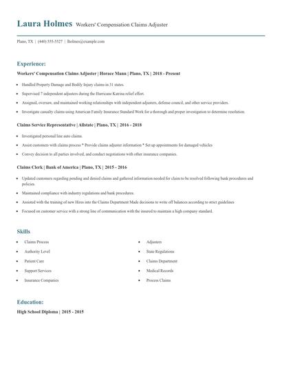 Workers' Compensation Claims Adjuster Resume
