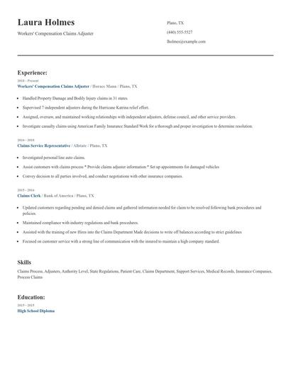 Workers' Compensation Claims Adjuster Resume
