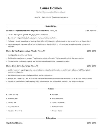 Workers' Compensation Claims Adjuster Resume