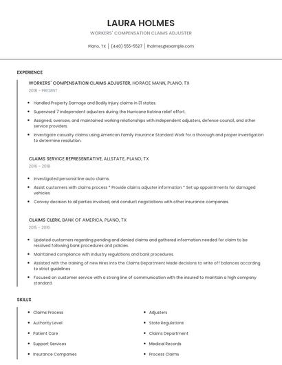 Workers' Compensation Claims Adjuster Resume