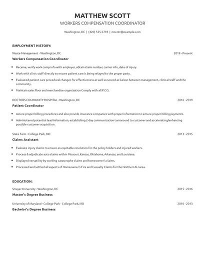Workers Compensation Coordinator Resume