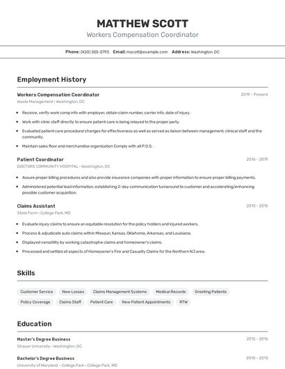 Workers Compensation Coordinator Resume