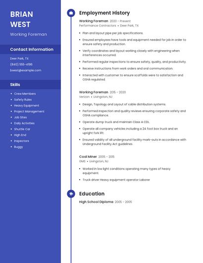 Working Foreman Resume