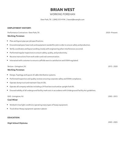 Working Foreman Resume