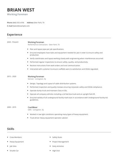 Working Foreman Resume