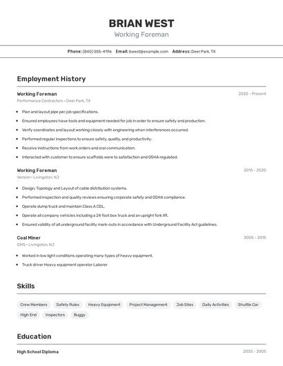 Working Foreman Resume