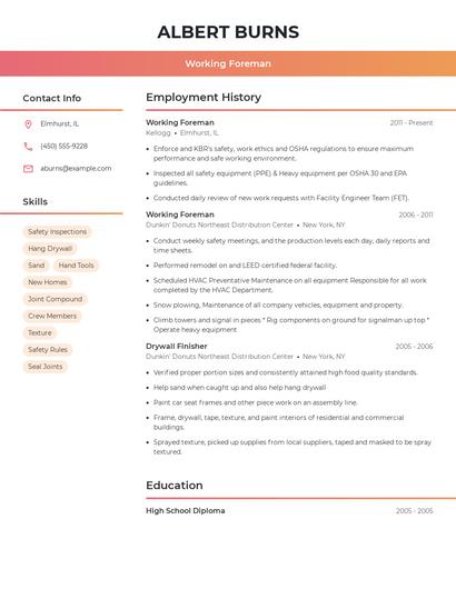 Working Foreman Resume