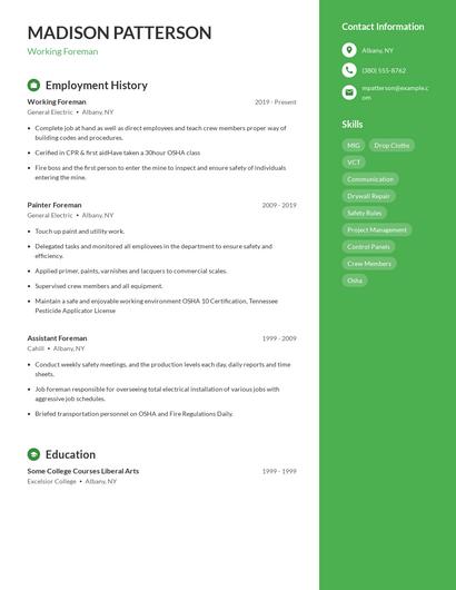 Working Foreman Resume