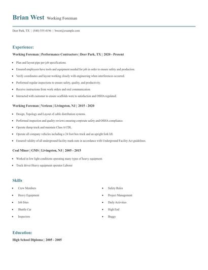 Working Foreman Resume