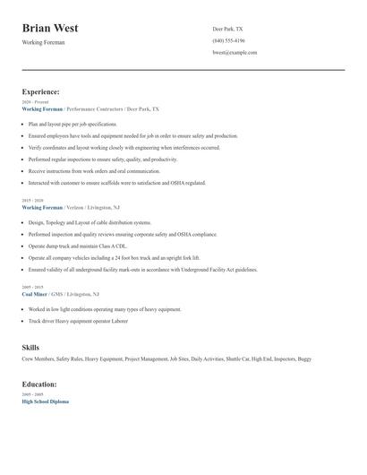 Working Foreman Resume