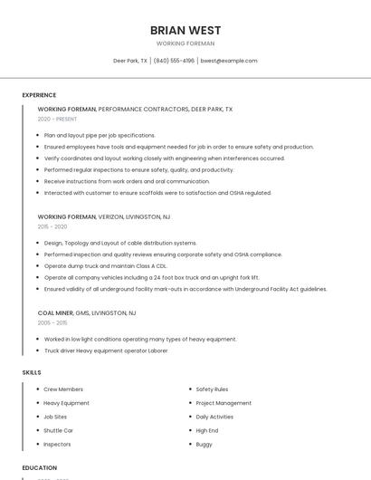 Working Foreman Resume