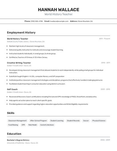 World History Teacher Resume