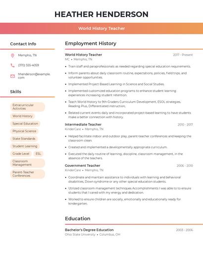 World History Teacher Resume