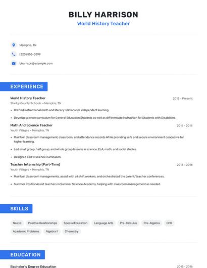 World History Teacher Resume