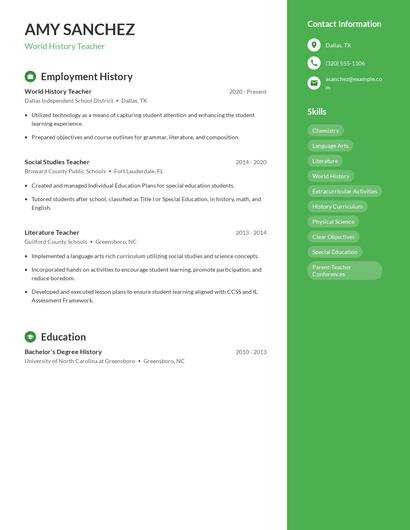 World History Teacher Resume