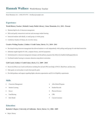 World History Teacher Resume