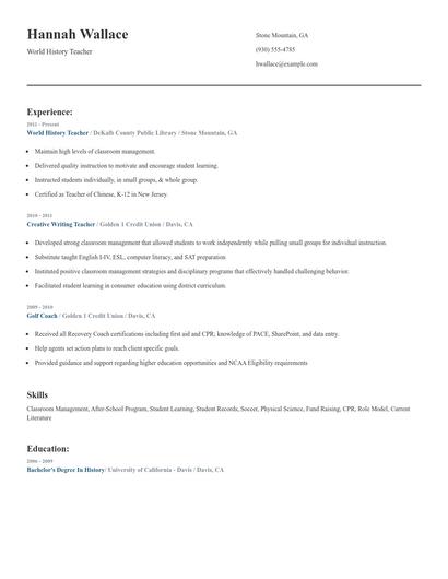 World History Teacher Resume