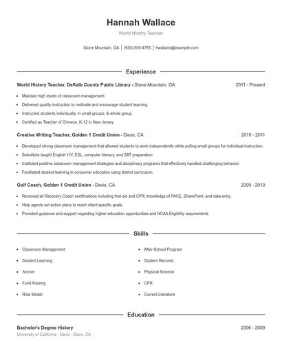 World History Teacher Resume