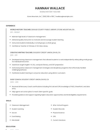 World History Teacher Resume