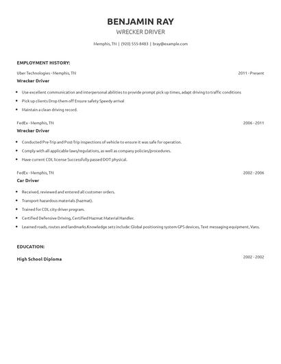 Wrecker Driver Resume