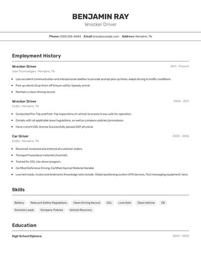 Wrecker Driver Resume