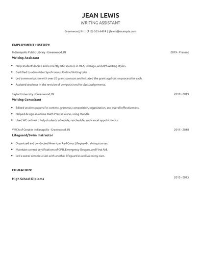 Writing Assistant Resume