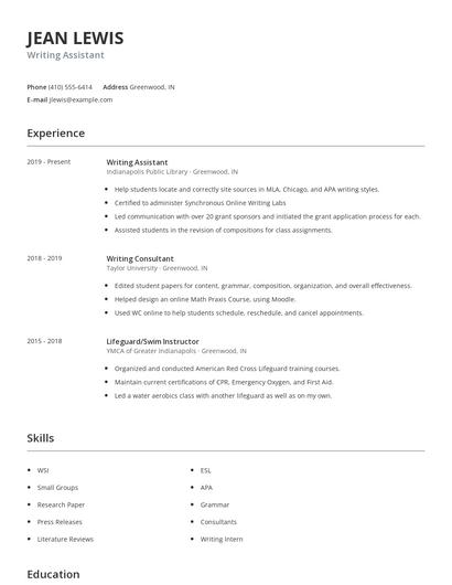 Writing Assistant Resume