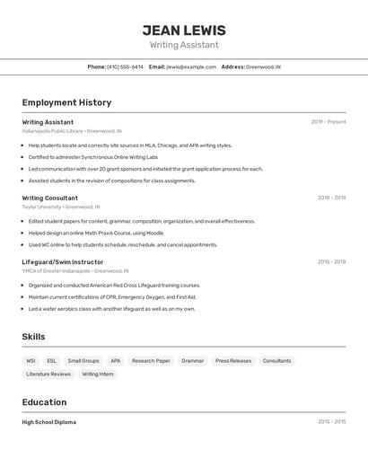 Writing Assistant Resume