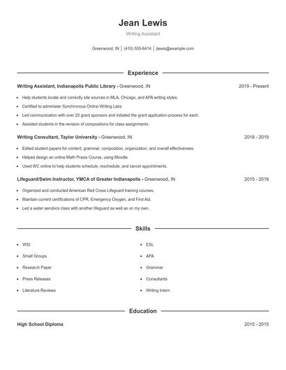 Writing Assistant Resume