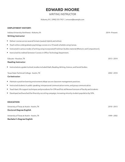 Writing Instructor Resume