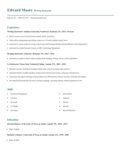 Writing Instructor Resume