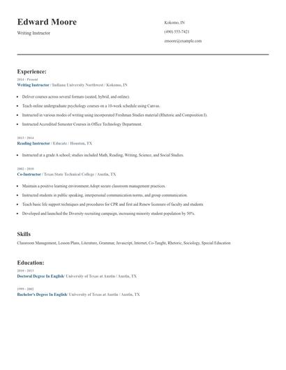 Writing Instructor Resume