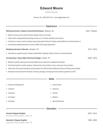 Writing Instructor Resume