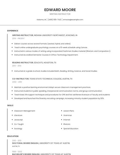 Writing Instructor Resume