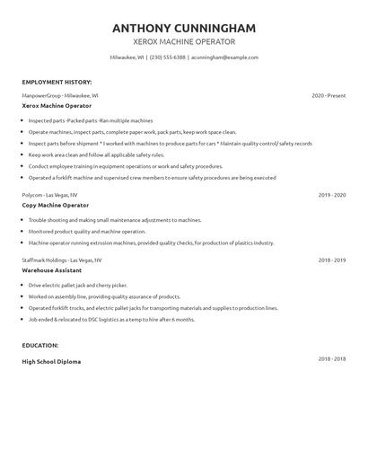 Xerox Machine Operator Resume