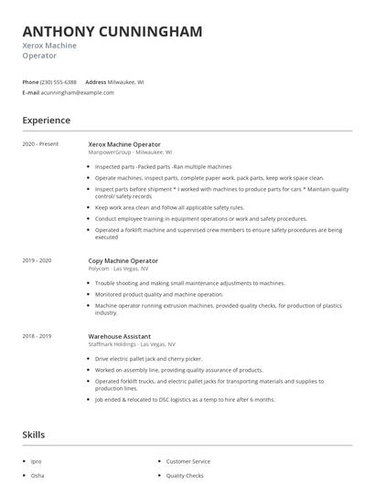 Xerox Machine Operator Resume
