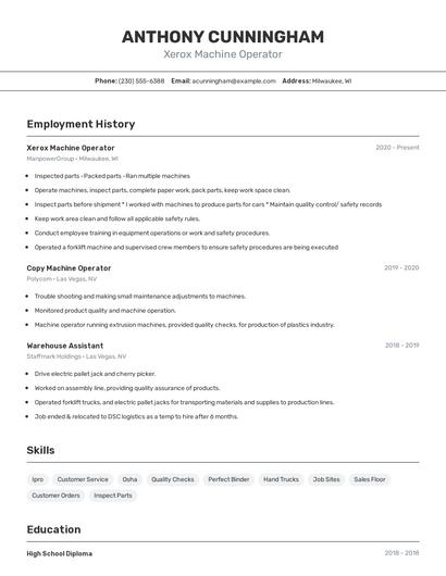 Xerox Machine Operator Resume