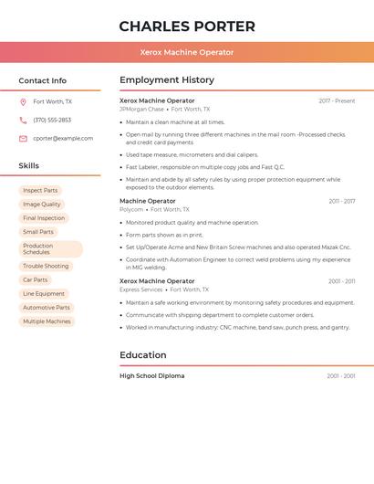 Xerox Machine Operator Resume