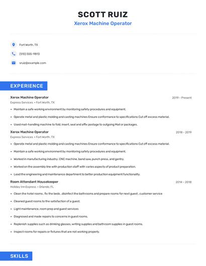 Xerox Machine Operator Resume