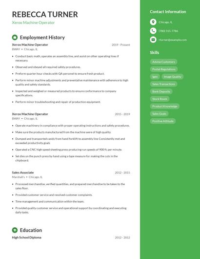 Xerox Machine Operator Resume