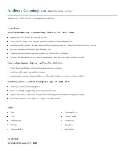 Xerox Machine Operator Resume