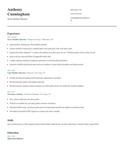 Xerox Machine Operator Resume