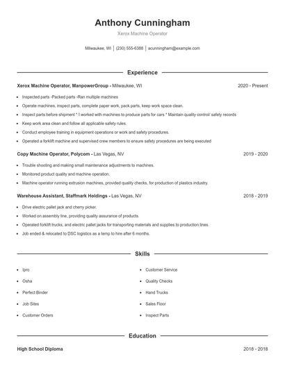 Xerox Machine Operator Resume
